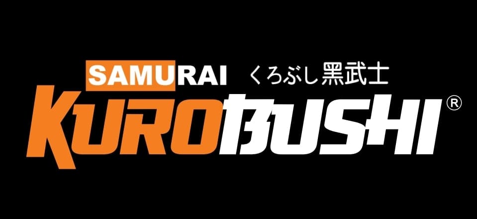 Samurai Kurobushi armored warrior mascot character in orange and red tones on black background